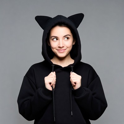 Woman in black cat ear hoodie