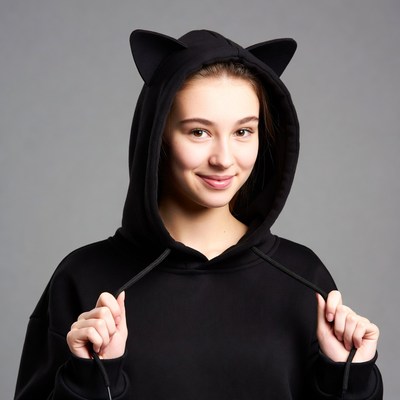 Girl wearing black cat ear hoodie