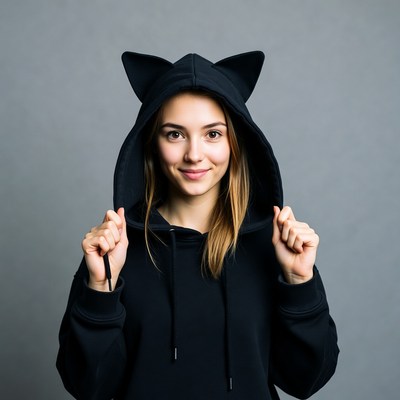 Woman in black cat ear hoodie