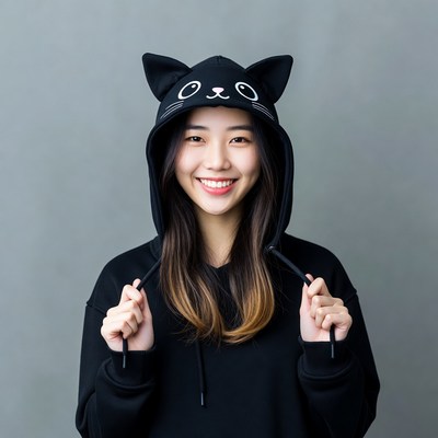 Asian girl in black cat hoodie