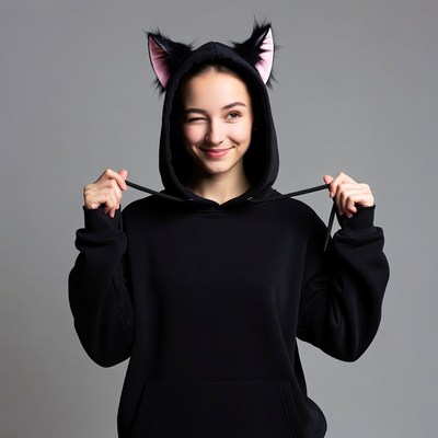 Girl in black cat hoodie with ears