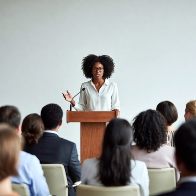 African-American woman speaking at podium