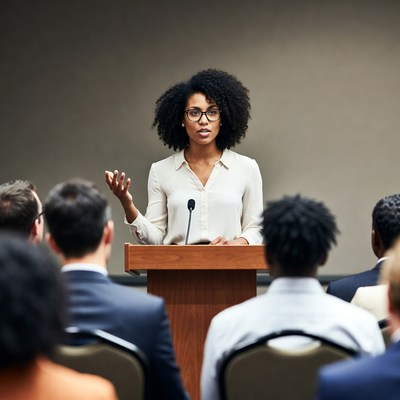 African-American woman speaking at podium