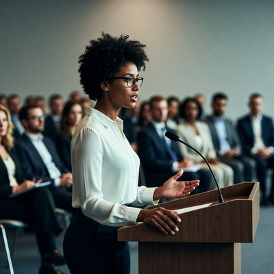 African-American woman speaking at podium