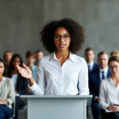 African-American woman speaking at podium