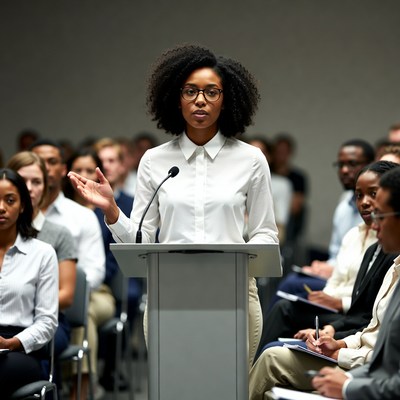 African-American woman speaking at podium