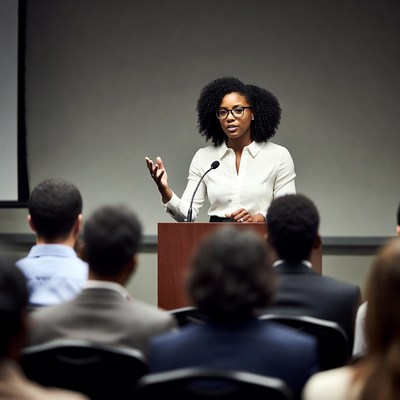 African-American woman speaking at podium