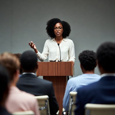 African-American woman speaking at podium
