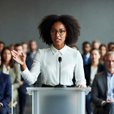 African-American woman speaking at podium