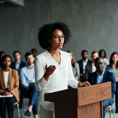 African-American woman speaking at podium