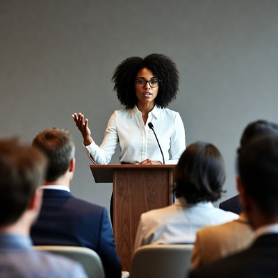 African-American woman speaking at podium