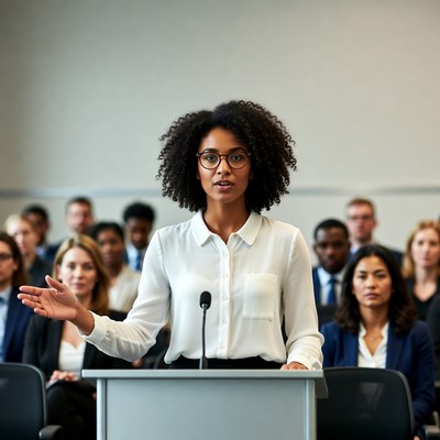African-American woman speaking at podium
