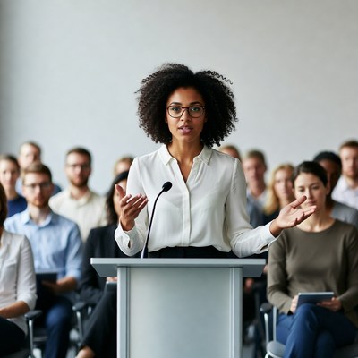 African-American woman speaking at podium