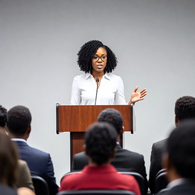 African-American woman speaking at podium