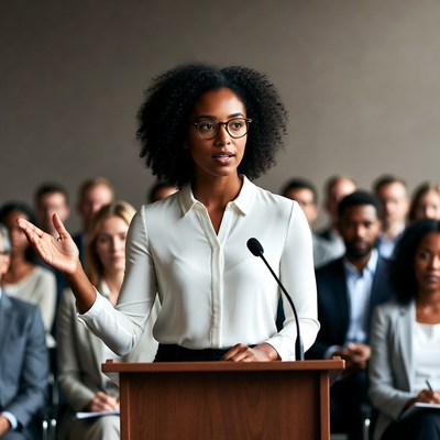 African-American woman speaking at podium