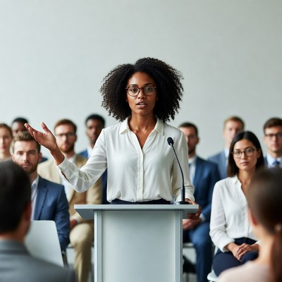 African-American woman speaking at podium
