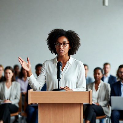 African-American woman speaking at podium