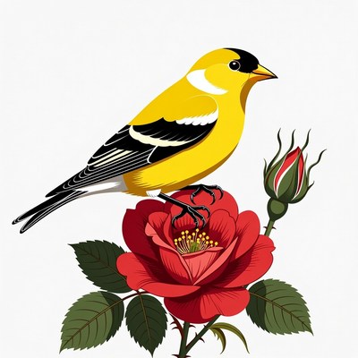 Goldfinch perched on red rose