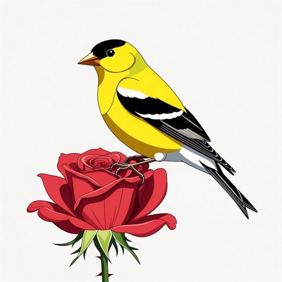Yellow Goldfinch Perched on Red Rose
