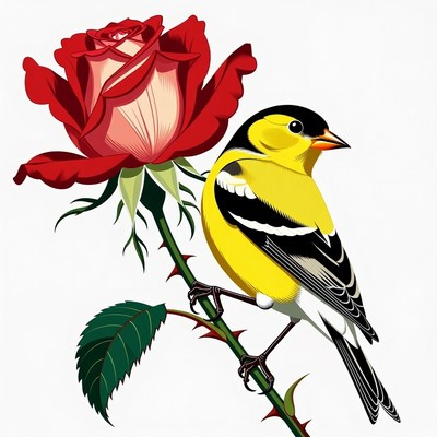 Goldfinch perched on red rose