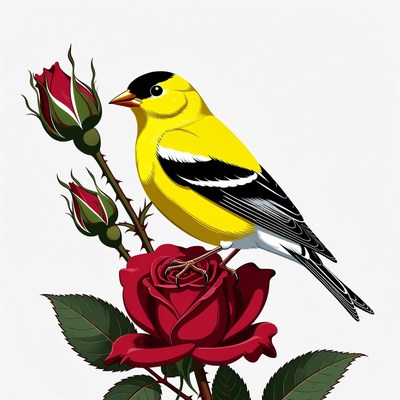 Yellow Goldfinch Perched on Red Roses