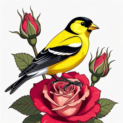 Goldfinch perched on pink roses