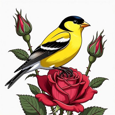 Goldfinch perched on red roses