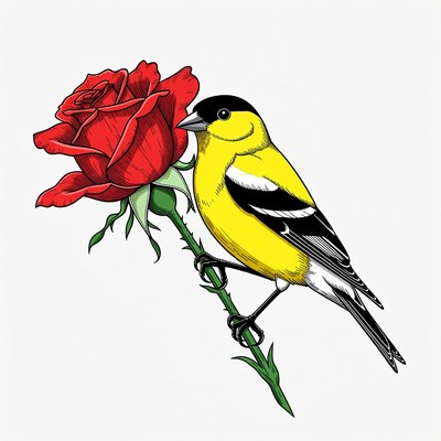 Goldfinch perched on red rose