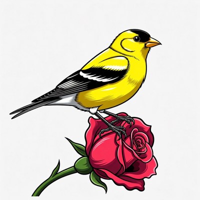 Goldfinch perched on red rose