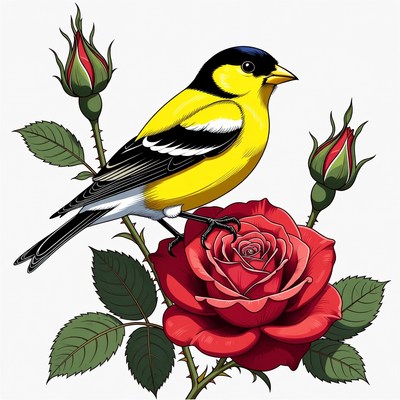 Goldfinch perched on red rose