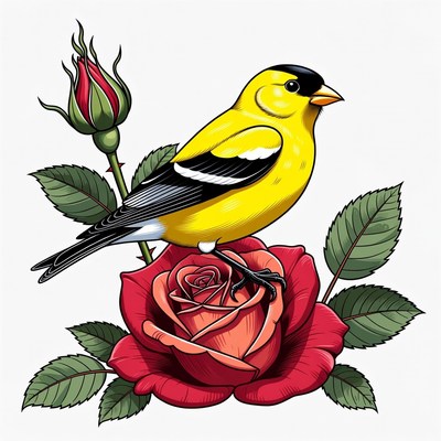Yellow Goldfinch Perched on Red Rose