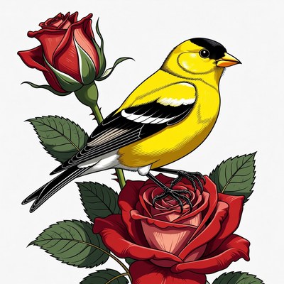 Goldfinch perched on red rose