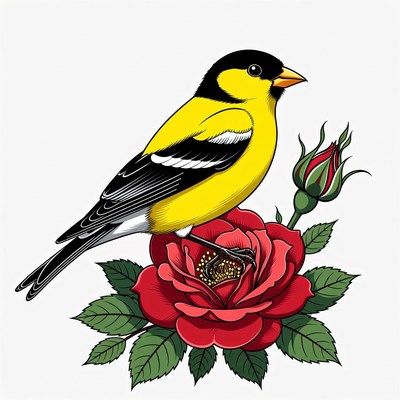Goldfinch perched on red rose