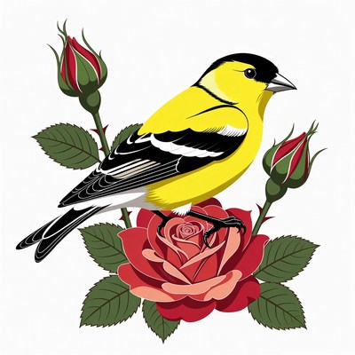 Yellow Finch Perched on Roses