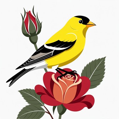 Yellow Goldfinch Perched on Red Rose