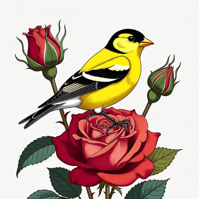 Goldfinch perched on red rose
