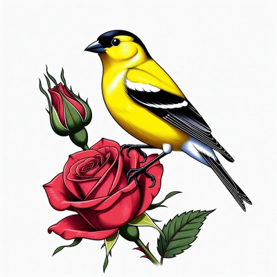 Goldfinch perched on red rose