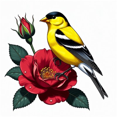 Goldfinch perched on red rose