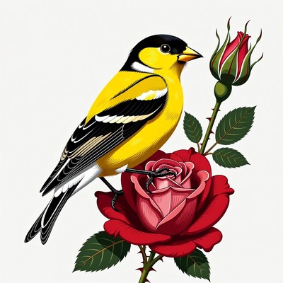Goldfinch perched on pink rose