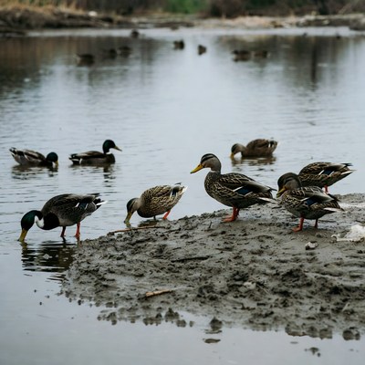 Mallard ducks foraging on muddy shore