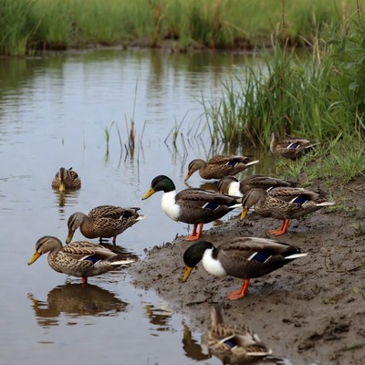 Group of Mallard Ducks by Water