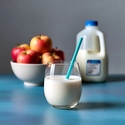 Milk Glass with Straw and Apples