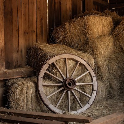 Old wagon wheel with hay bales