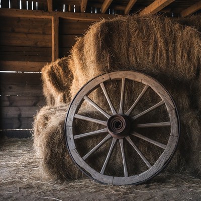 Old Wagon Wheel Among Hay Bales