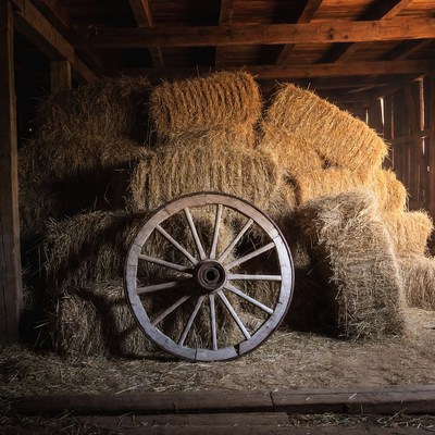 Wooden Wheel Against Hay Bales