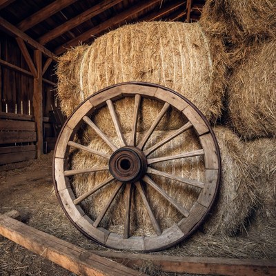 Old Wagon Wheel Against Hay Bales
