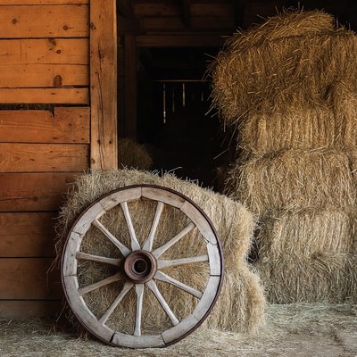 Old wagon wheel with hay bales