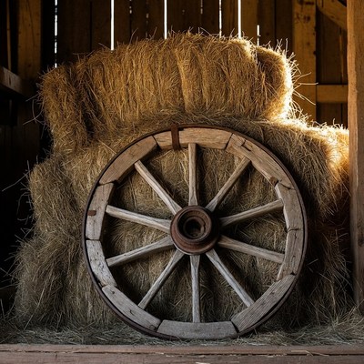 Old wagon wheel on hay bales