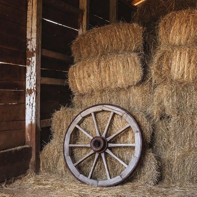 Old wagon wheel with hay bales