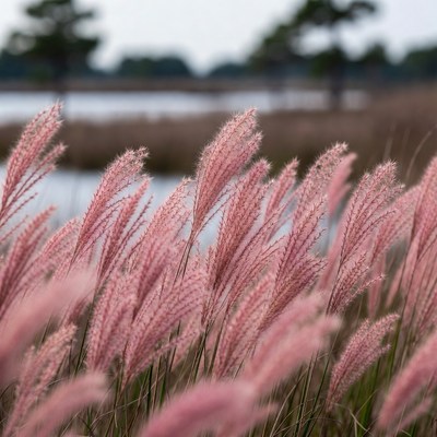 Pink Fountain Grass by Lake